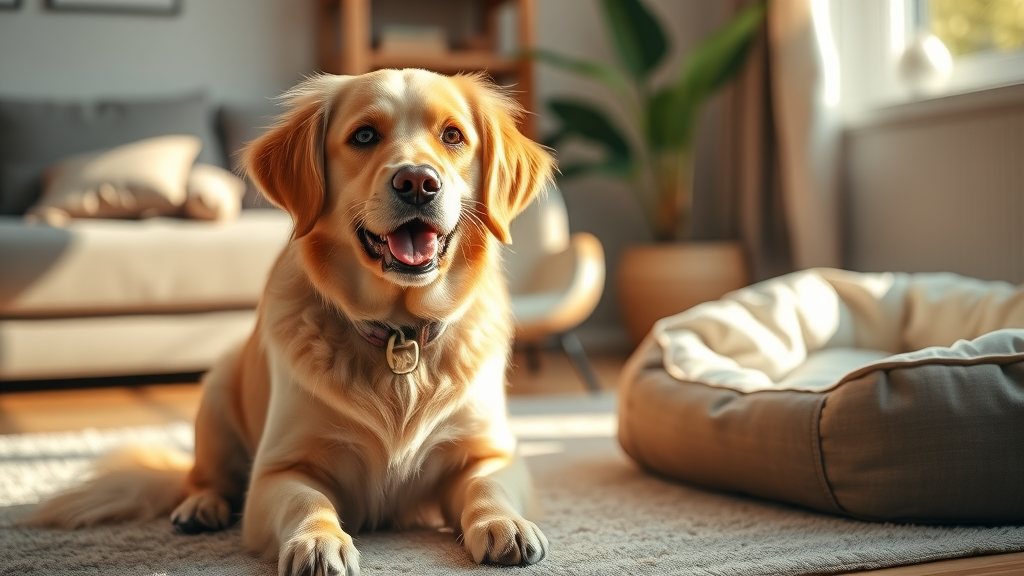 cheerful golden retriever sitting calmly near a tidy dog bed, what’s a good daily routine for my dog?