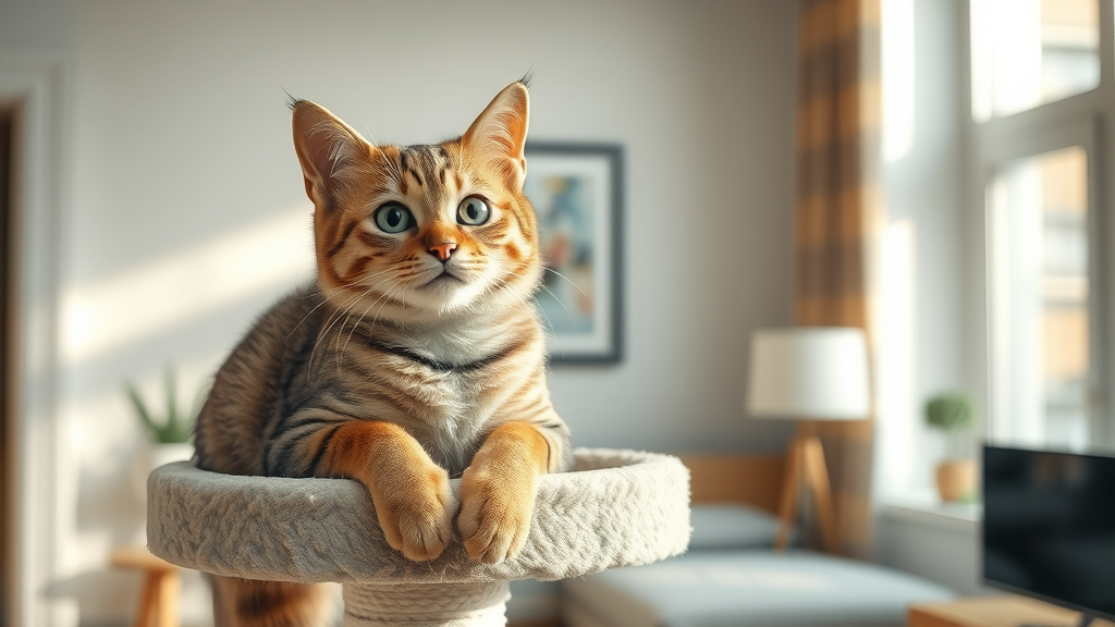 cozy domestic short-haired cat perched on a tall cat tree in a bright modern apartment with space-saving cat furniture