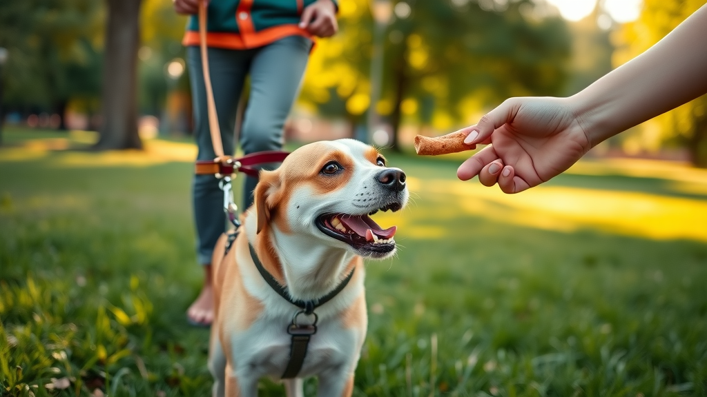 motivated dog receiving treat from owner during leash walk, leash training motivation