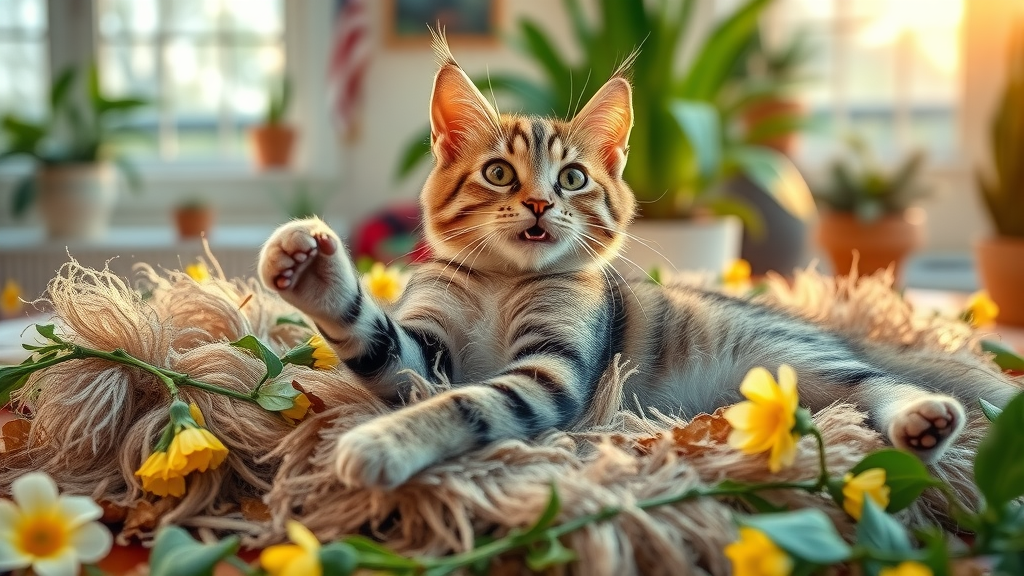 Spring cat shedding: Playful tabby cat with tufts of fur and seasonal flowers