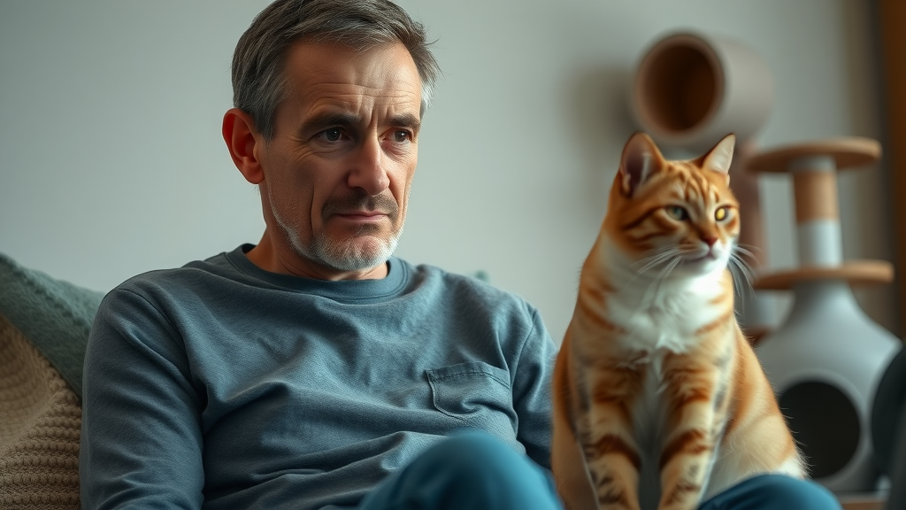 Frustrated pet owner sitting near aloof cat looking away, why won