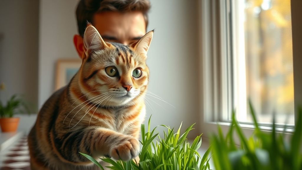 Cat owner observing safe wheatgrass eating indoors, safe for cats
