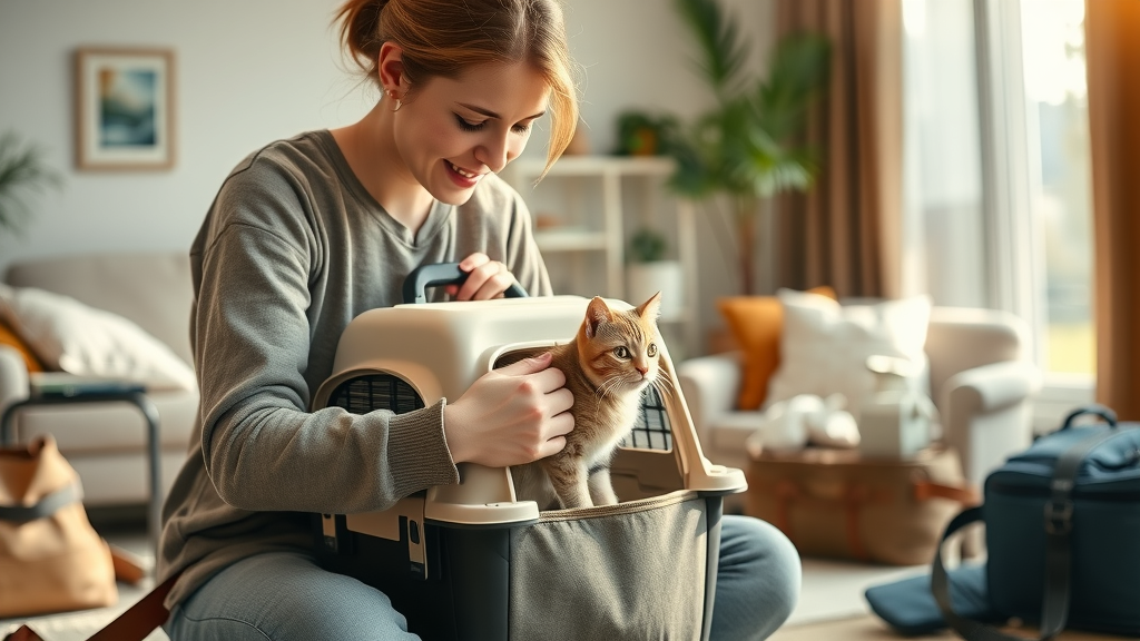 cat owner gently placing cat into cozy carrier in sunlit room with travel gear, prepping for long distance road trip with a cat