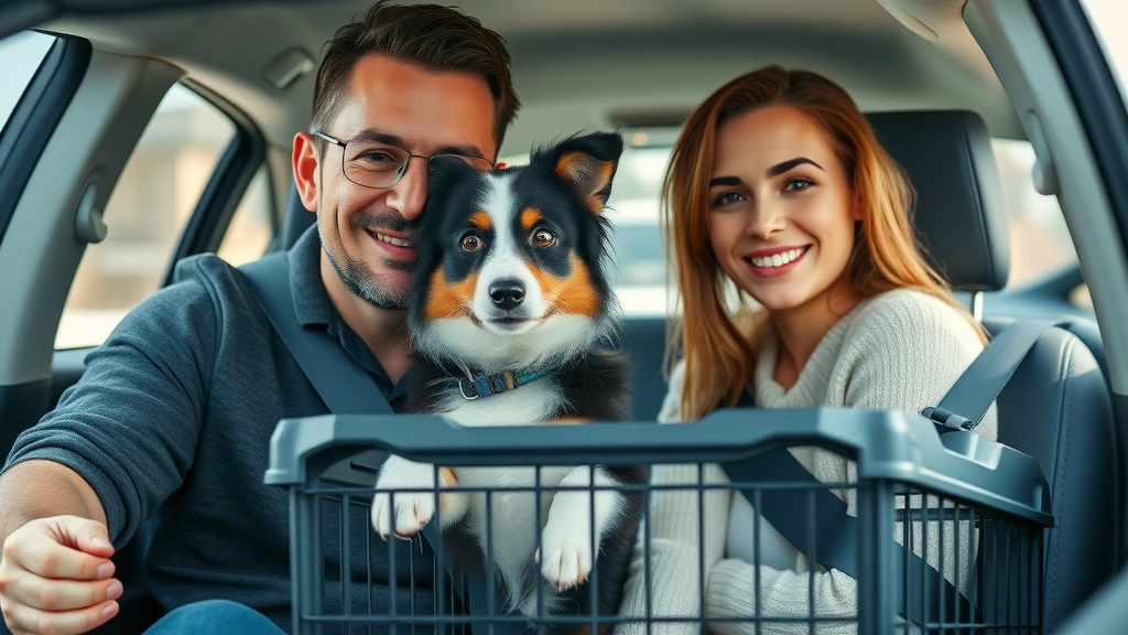 crate training travel, crate secured for car ride, owner and border collie prepared for journey in car