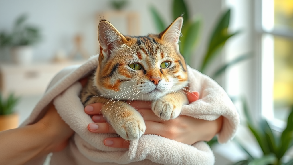 calm domestic shorthair cat wrapped in a towel for ear cleaning, relaxed cat and caring owner, safe cat ear care environment