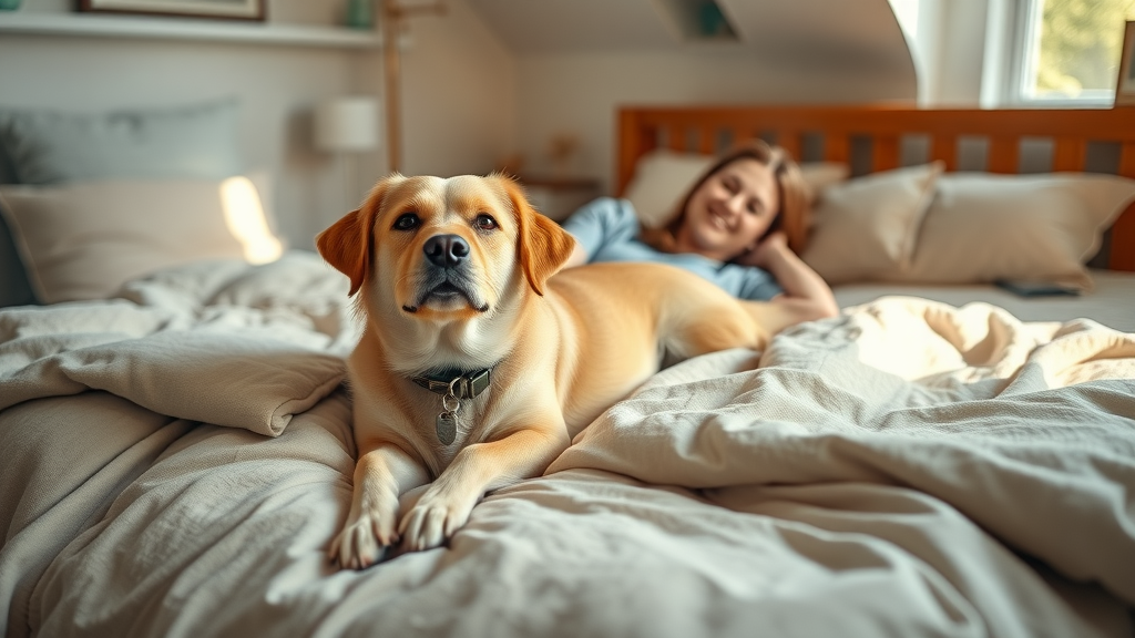 Cozy bedroom scene with a relaxed adult dog and a smiling owner enjoying a calm moment, both lying peacefully on a neatly made bed. Main keyword: should i let my dog sleep in bed with me?