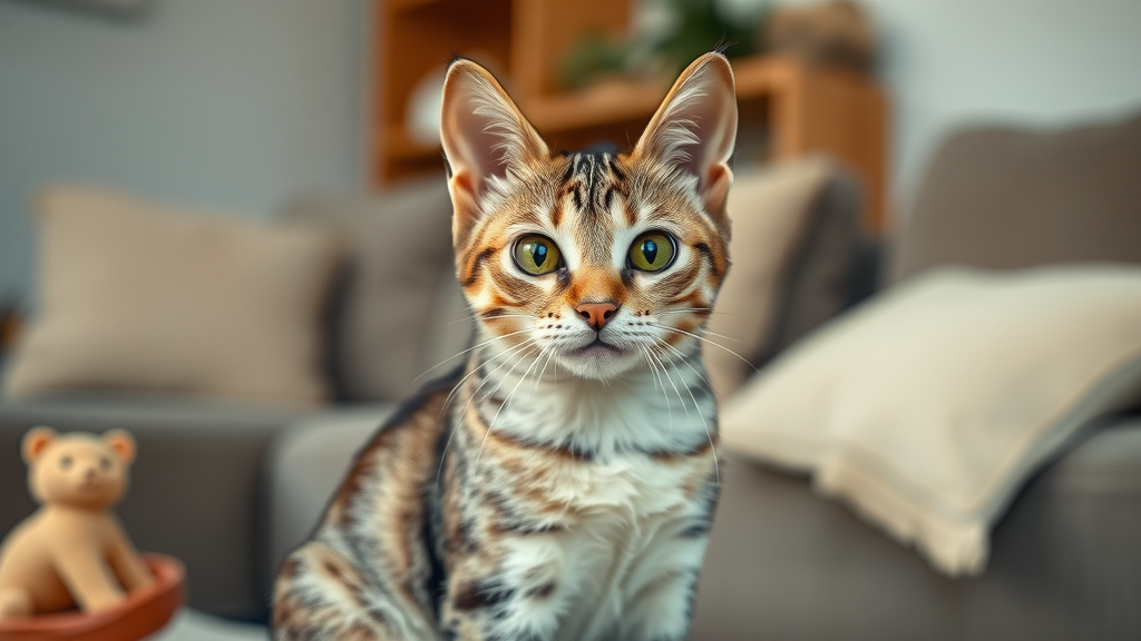 Curious domestic short-haired cat alert expression sitting attentively with perked ears, living room, how do i teach my cat to come when called