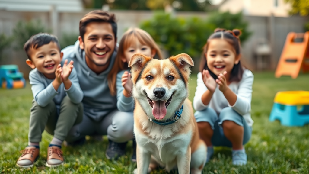 happy family doing basic commands with well-behaved young dog in backyard; puppy training success in a supportive environment