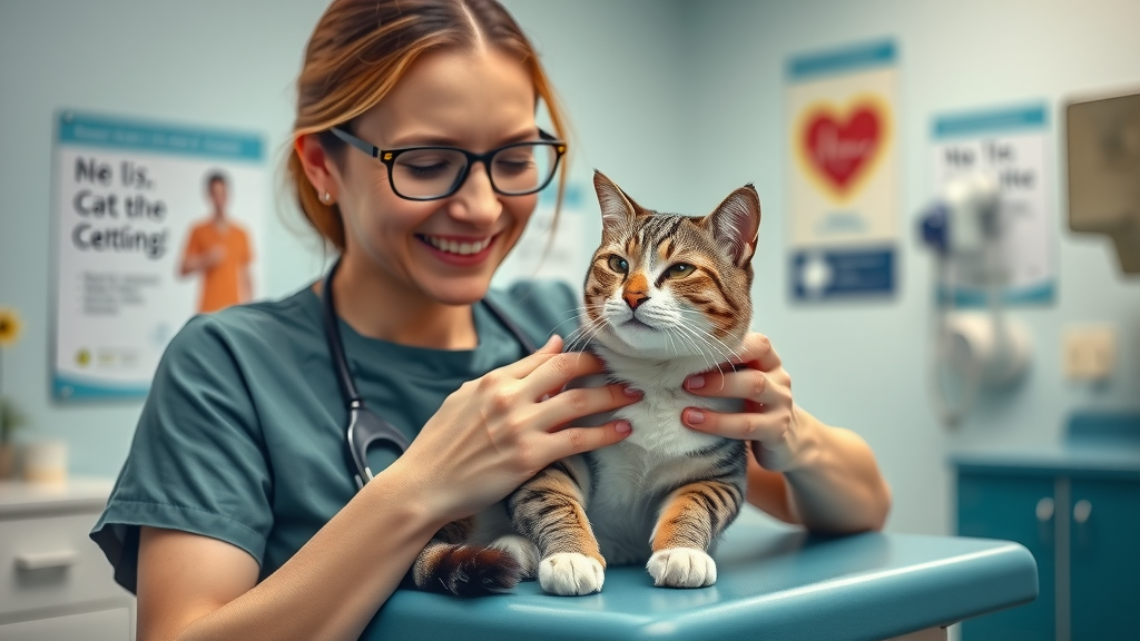 Cat owner and calm cat at veterinary clinic, early UTI intervention