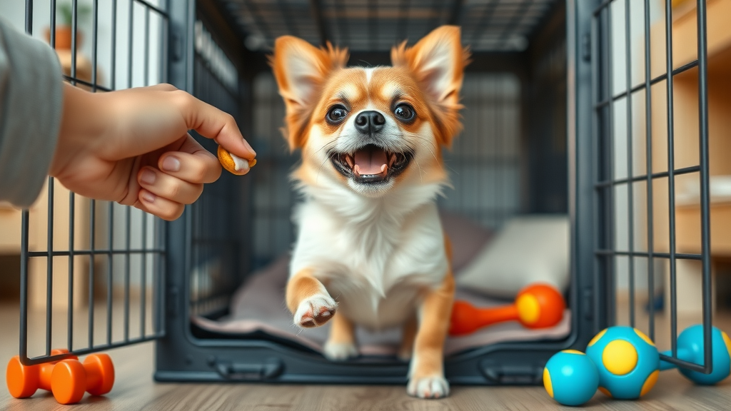 dog crate training with treats and toys, positive association, bonus points for happy small dog stepping into open crate