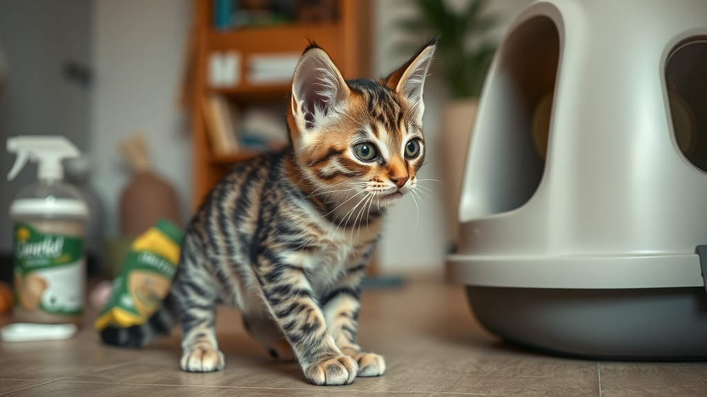 playful tabby kitten focused near a clean litter box, how do i litter train a kitten?
