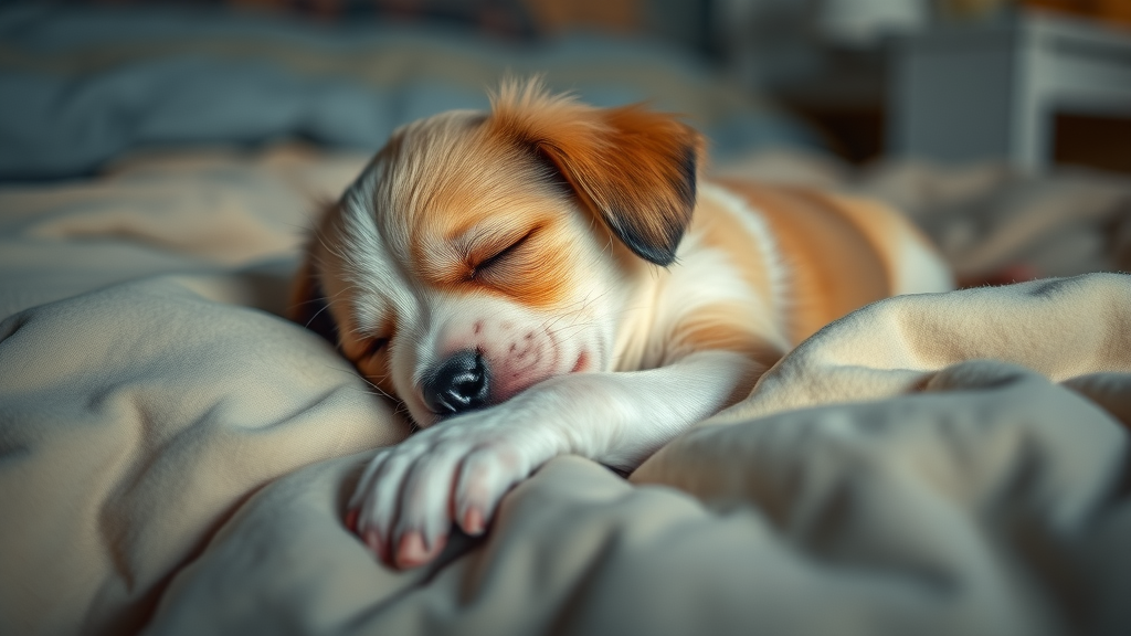 Dog dream: Puppy mid-dream with gently twitching paw and blissful expression on a soft blanket at night.