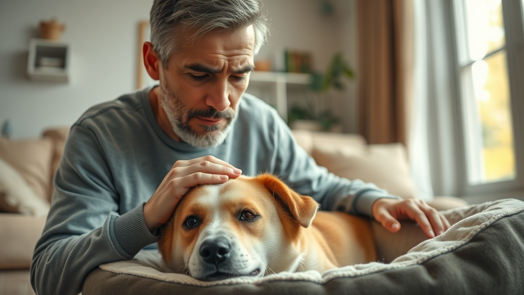 concerned pet owner gently observing a dog