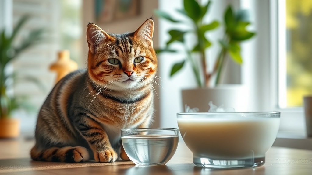 Content adult tabby cat sitting beside a bowl of water, ignoring milk, healthy hydration over milk, adult cat drinking water