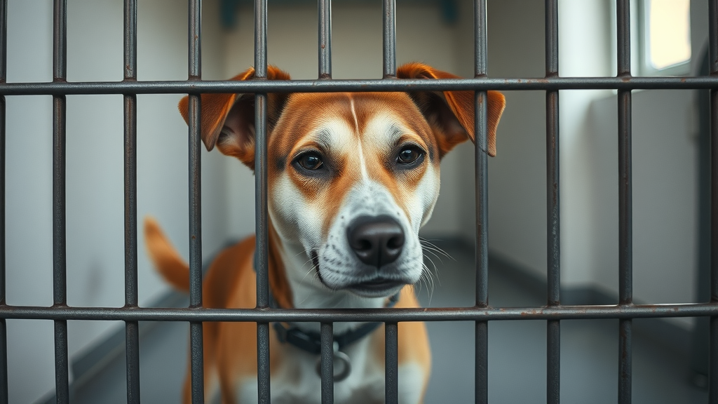 Nervous rescue dog peering from kennel bars, inside animal shelter, first meeting on the day we rescued our dog
