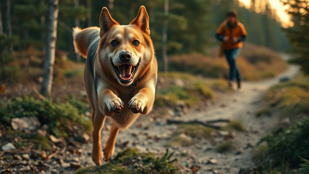 dramatic rescue dog leaping to protect owner, the dog that saved my life, outdoor hiking trail, sense of urgency and heroism