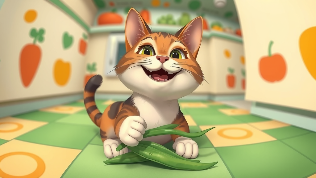 happy tabby cat contently nibbling a piece of steamed green bean, demonstrating can cats eat vegetables safely and green beans for cats
