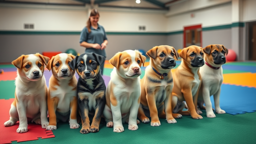 puppies and trainer during a house training session at indoor facility