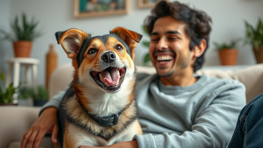 happy mixed-breed dog licking owner