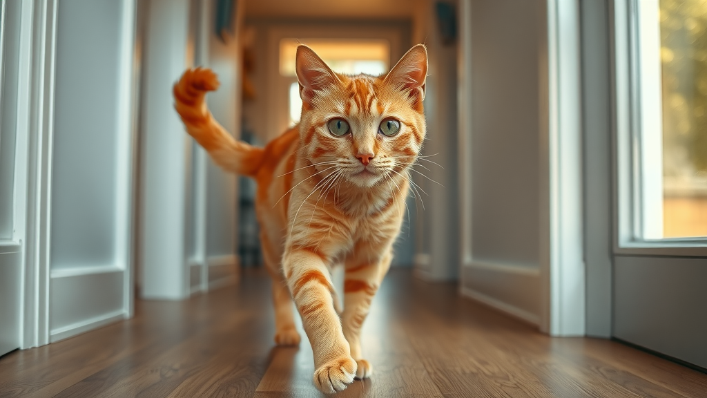 anxious ginger cat meowing and walking through hallway