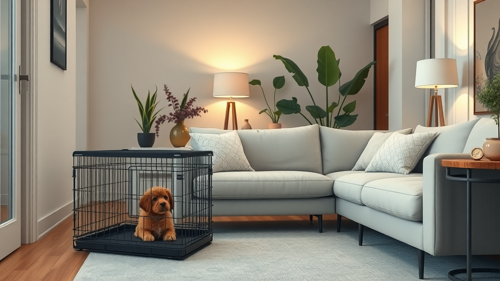 dog crate placed in serene living room corner, crate training success, cozy dog environment