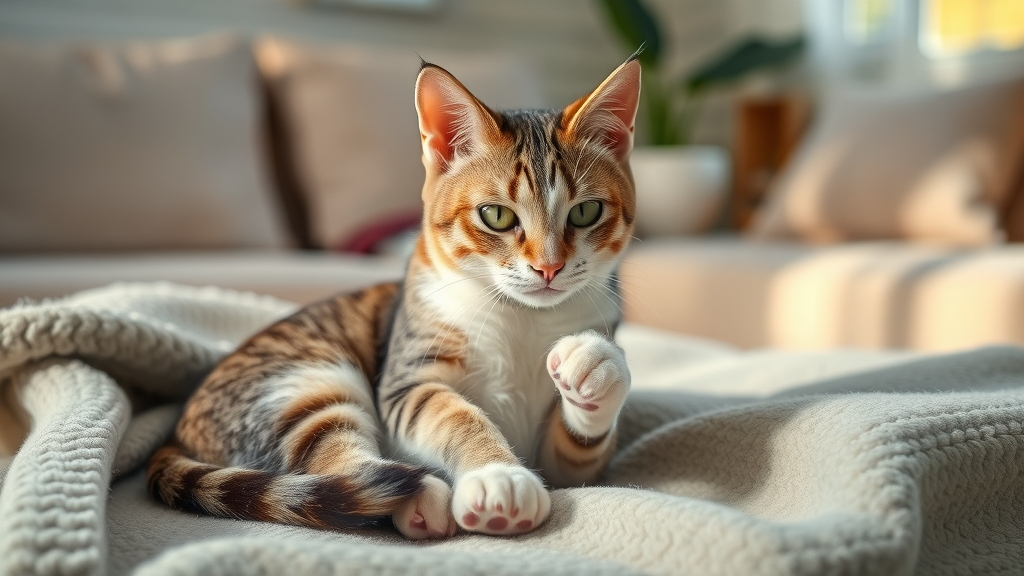 Curious cat kneading soft blanket at home, why do cats knead (make biscuits)?
