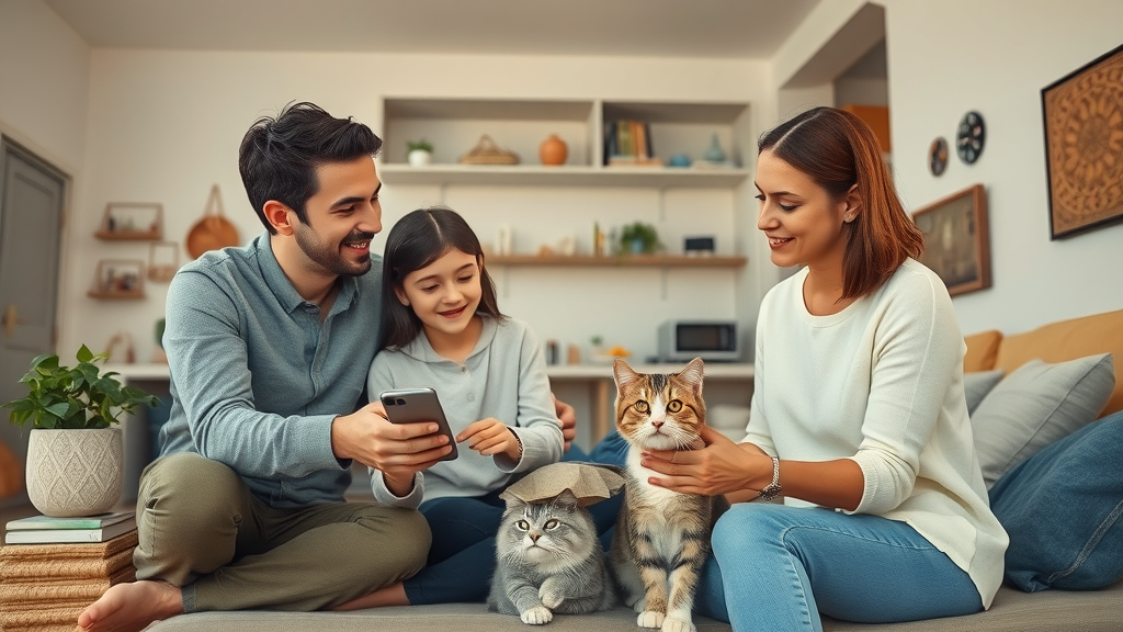 family discussing adding a second cat to their modern home setup