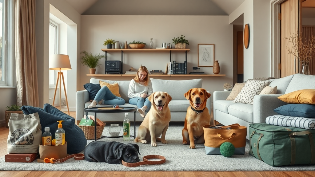 Modern living room with dog supplies prepared for new rescue dog coming home