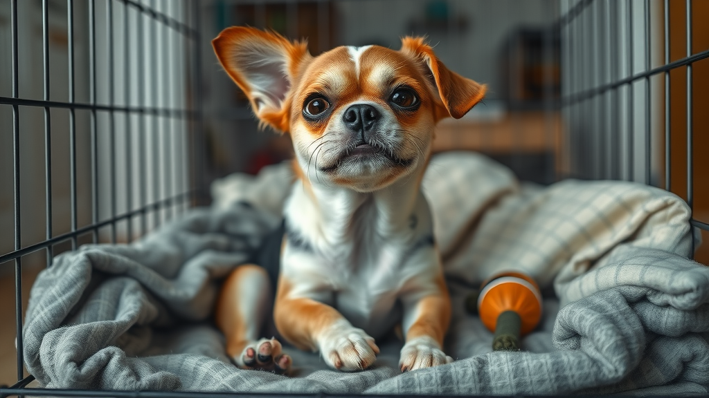 separation anxiety dog crate, worried dog in crate with chewed bedding, signs of crate training issues