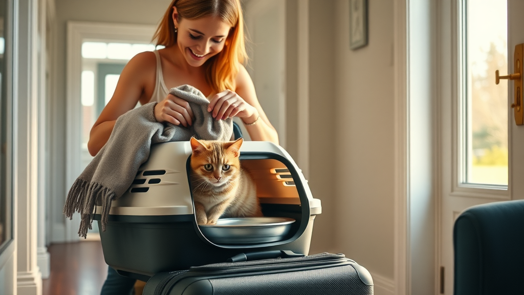 owner packing travel accessories into modern pet carrier, showing travel carrier use for cat comfort and security