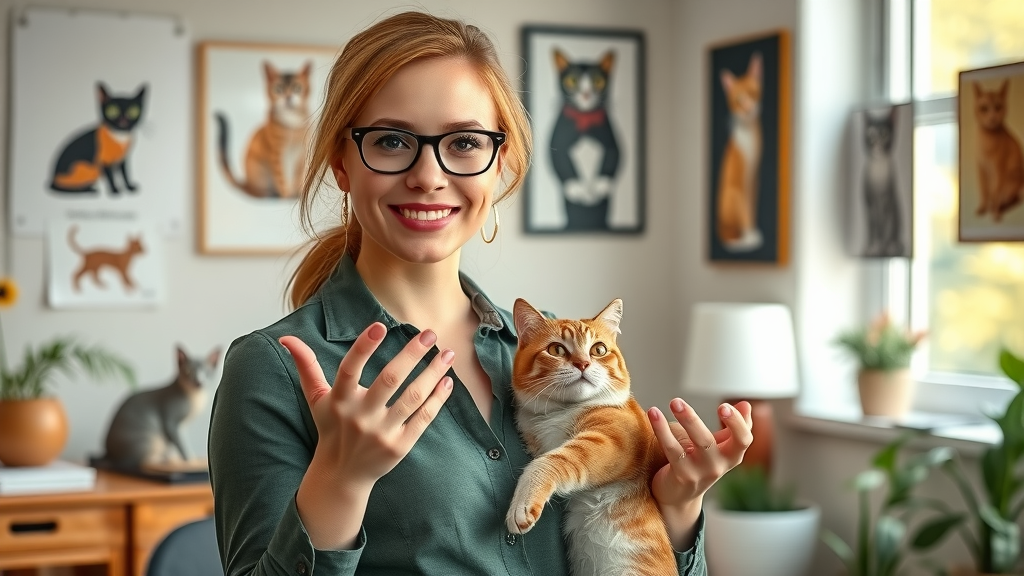 friendly animal behaviorist giving expert cat advice in an office with cat posters