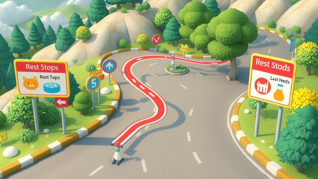 roadmap showing marked cat rest stops with icons for litter box, food, water, for planning long distance travel with a cat