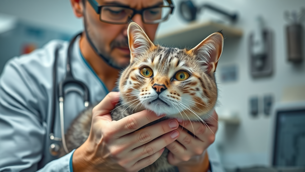 Veterinarian examining a senior cat before a road trip, considering health conditions for sedation safety