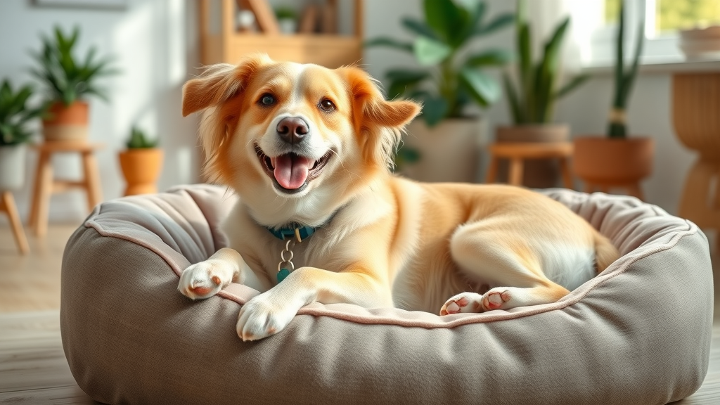 happy dog lying on comfortable bed after circling before lying down, bedtime ritual complete