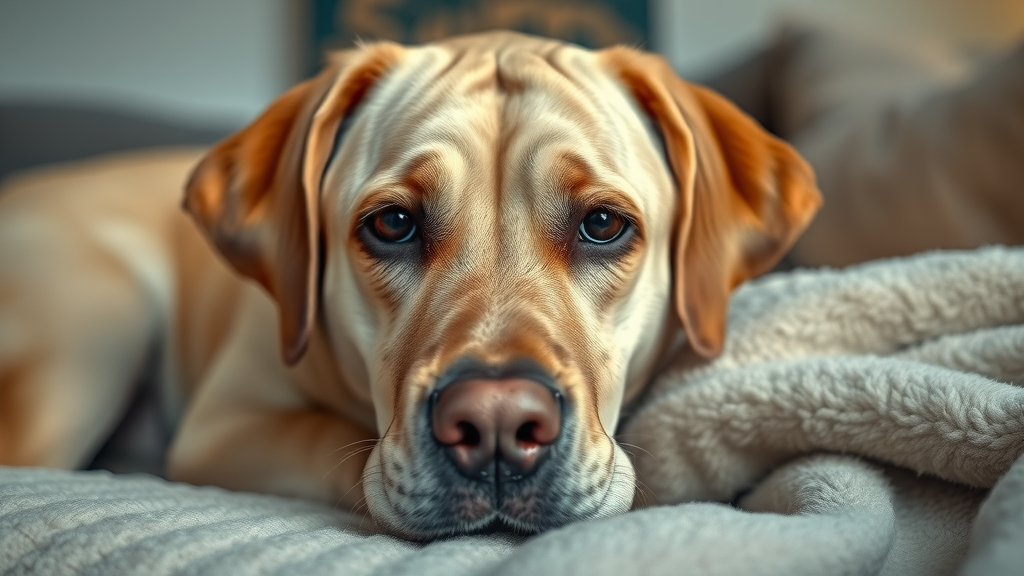 labrador lying on blanket, close-up of skin irritation, needs sensitive skin dog shampoo