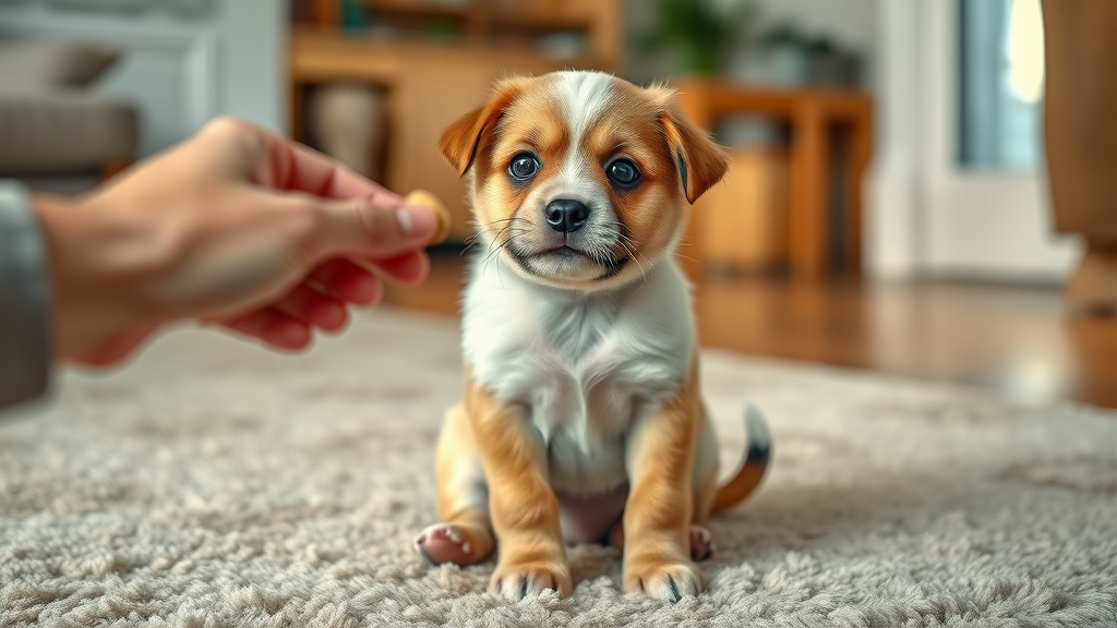young pup starting basic puppy training with gentle hand and treat; photorealistic image in cozy home, what’s the best age to start dog training