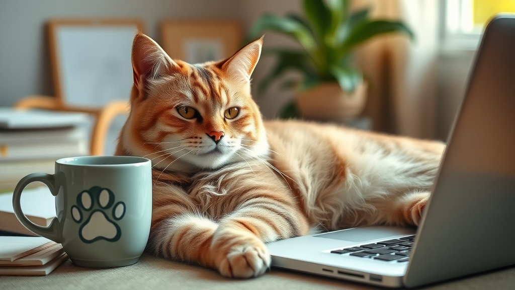 Elegant mature cat lounging next to laptop and mug, subscribe for more cat training tips, how do i teach my cat to come when called
