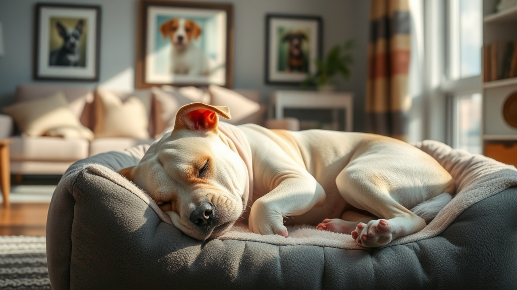 Relaxed senior dog resting on a plush dog bed, showing that enrichment and comfort help keep dogs happy even when left alone during a workday.
