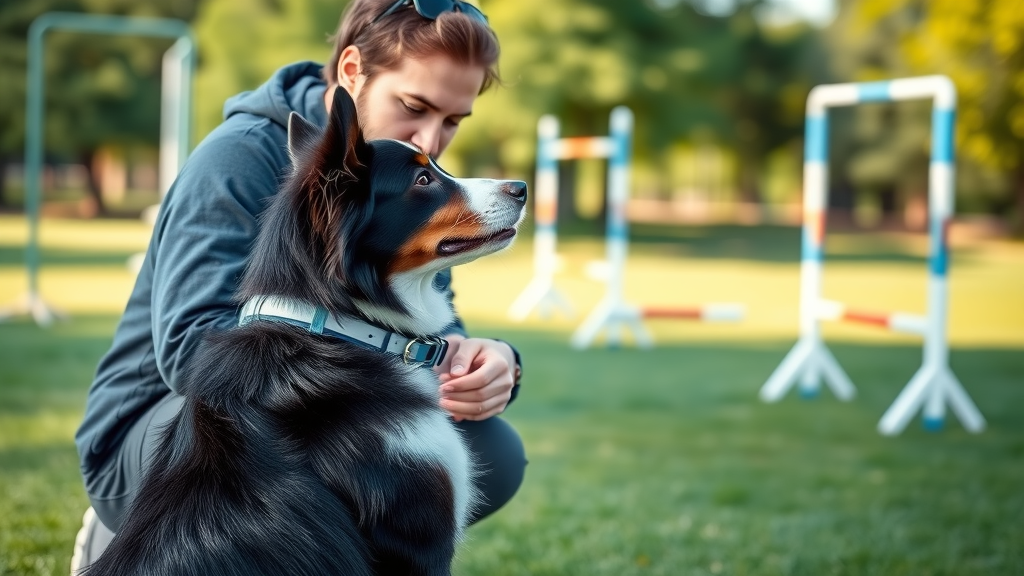 Professional dog trainer working with attentive Border Collie, dog staring with focus, outdoor training ground, positive reinforcement, agility equipment