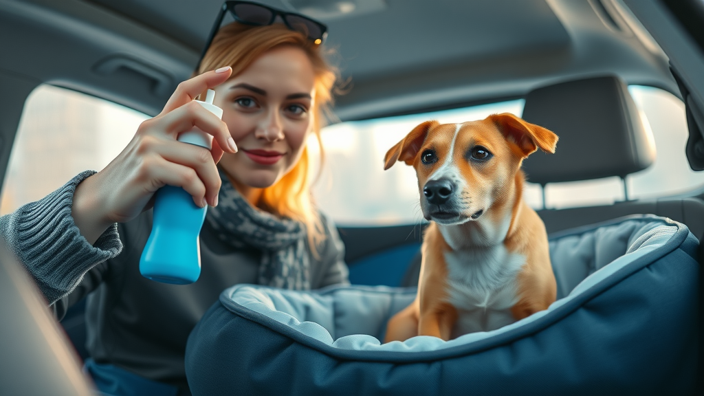 owner spritzing calming pheromone spray near dog