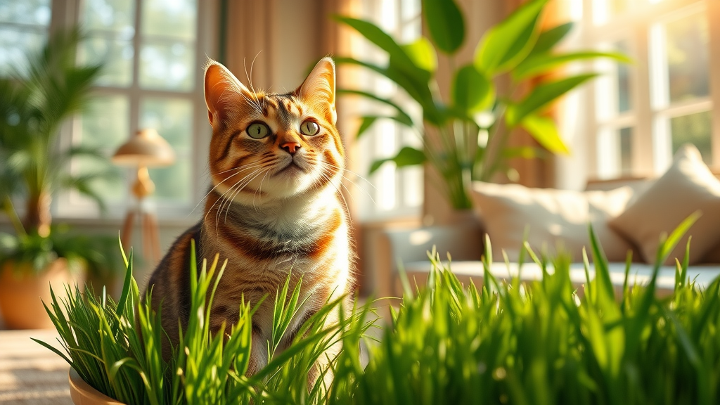 healthy indoor cat eat grass by tray of oat grass, best practices cat eating grass