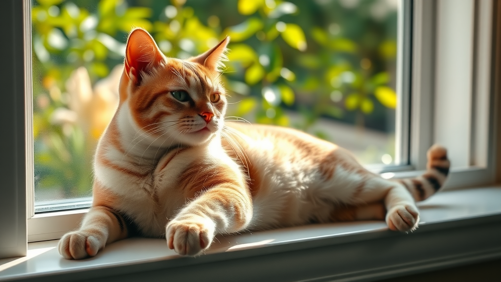 Adult cat kneading in sunny window, stretching paw pads, cat knead behavior