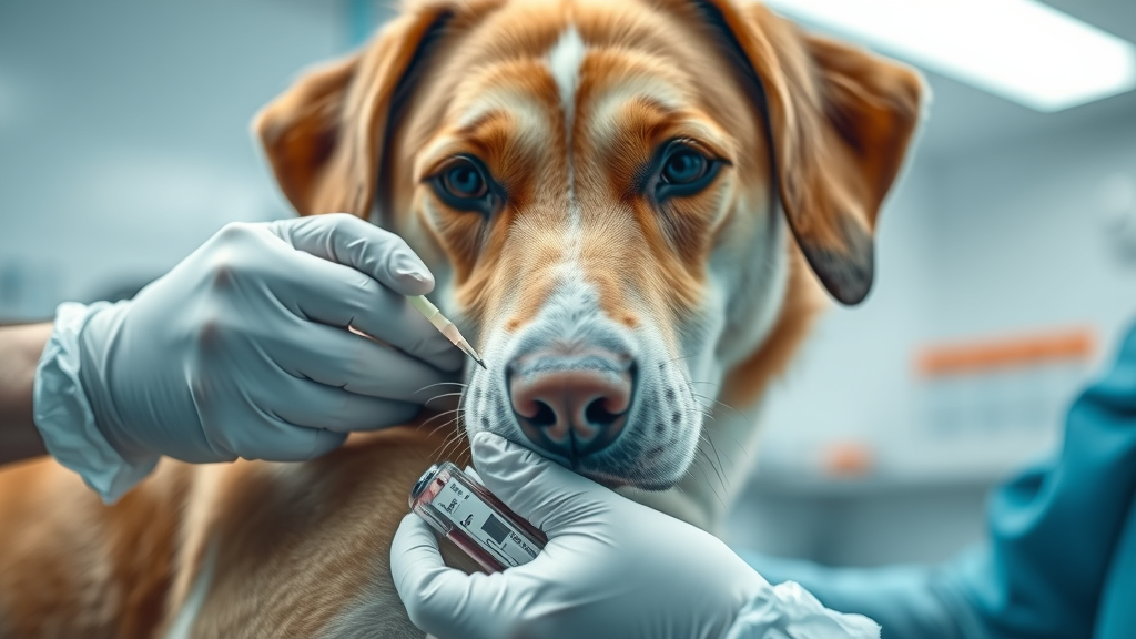 vet gently drawing blood from calm dog’s foreleg, clinical laboratory, blood work, wellness exams, senior dog, how often should i take my dog to the vet?