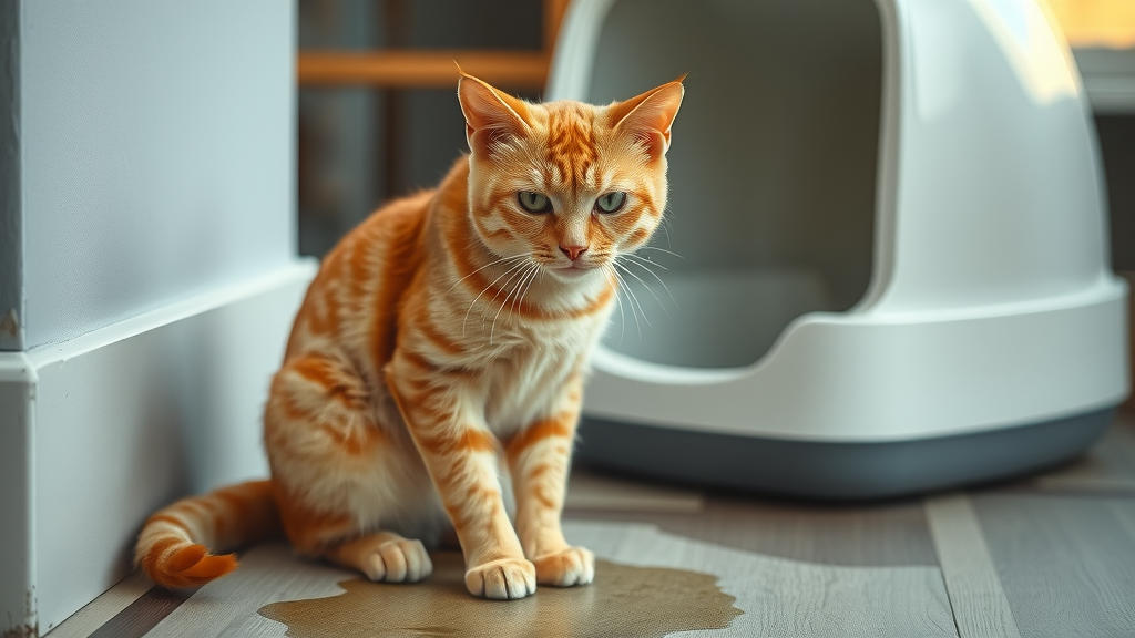 Worried orange tabby cat by litter box accident, common symptoms of cat UTI