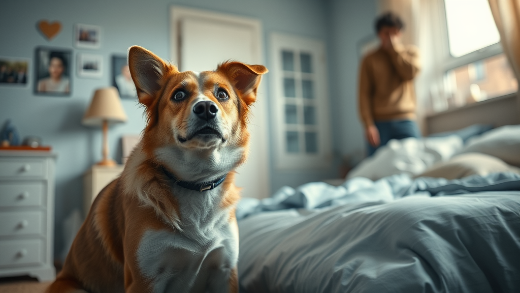 Dog looking uneasy beside an owner leaving the room, conveying separation anxiety linked to dog sleep routines. Main keyword: dog sleeping