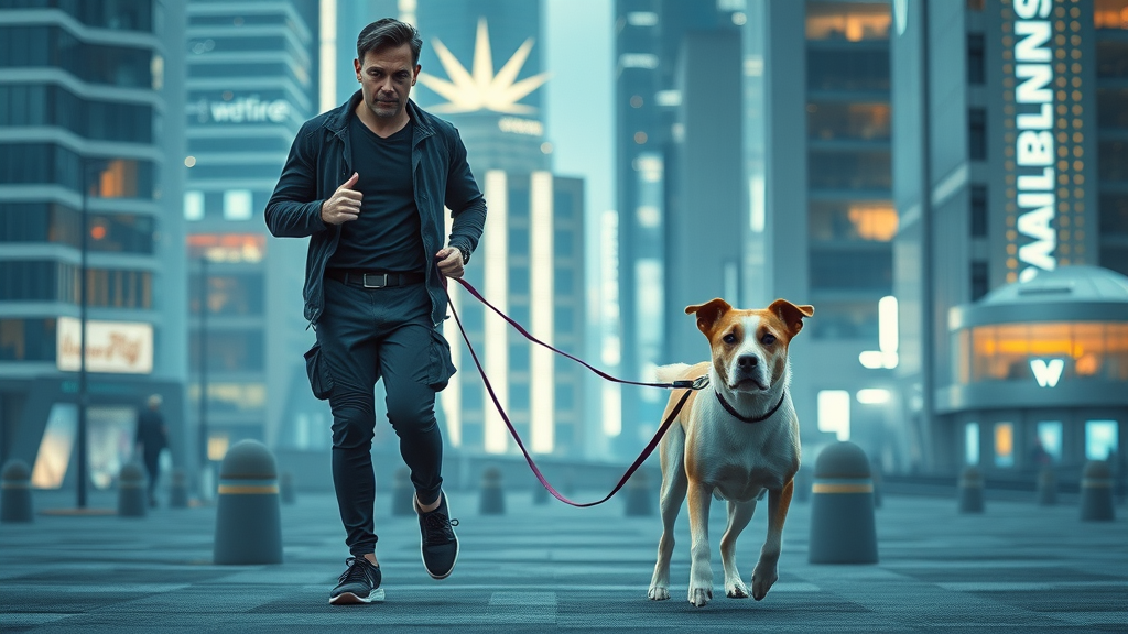 athletic owner and trained dog walking on long leash, leash walking advancement