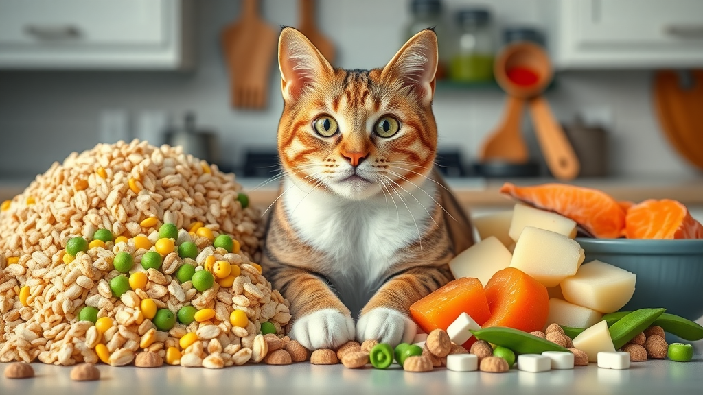 Split screen of cat food ingredients: grains like rice and corn versus potatoes, peas, chicken, salmon for grain-free cat foods, representing dry and wet food comparison