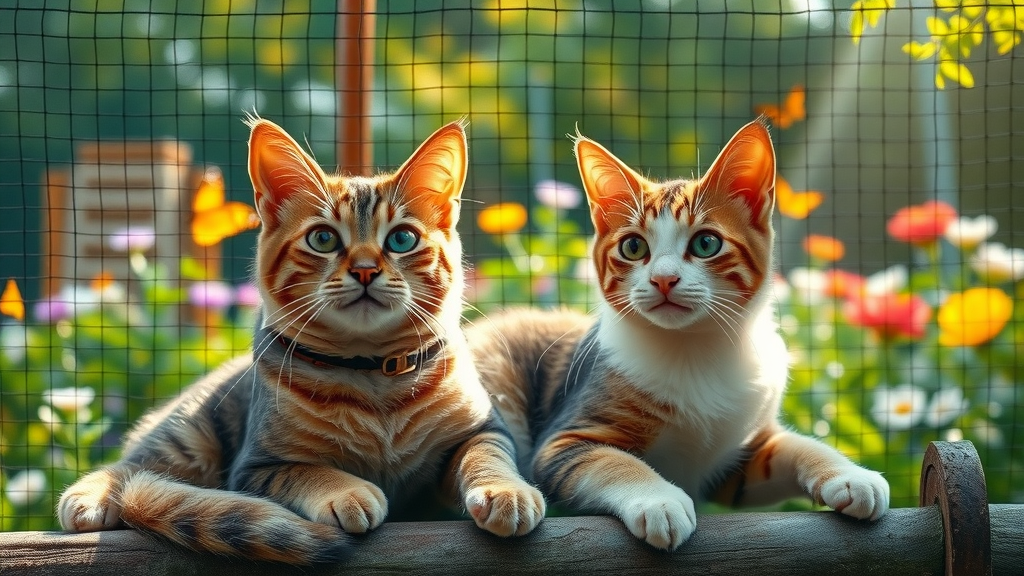 Two cats lounging and exploring within a secure mesh catio, exploring alternatives to leash training a cat.