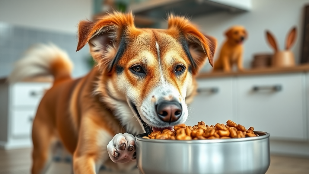 Happy dog eating healthy food to support anal gland and rear end health.