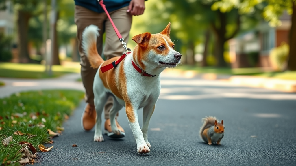 alert dog noticing squirrel during leash walk, owner gently controlling leash, dog pull prevention